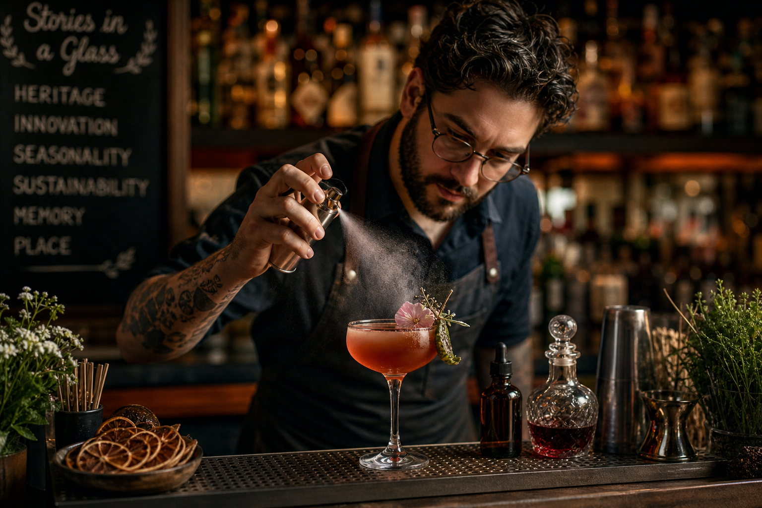 Bartender dusting a pink cocktail with garnish at a bar