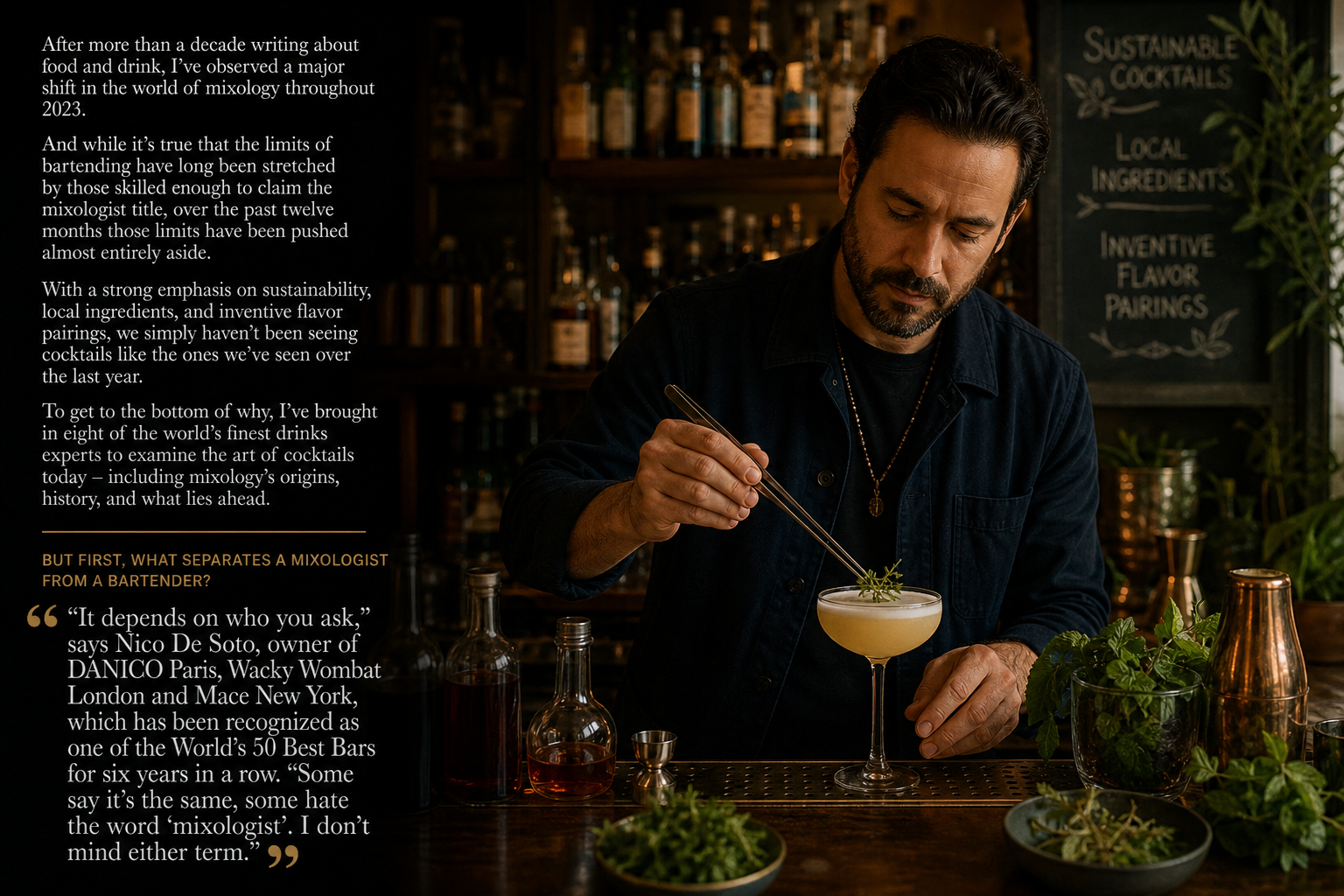 Bartender garnishes a cocktail with herbs behind a bar, with article text about