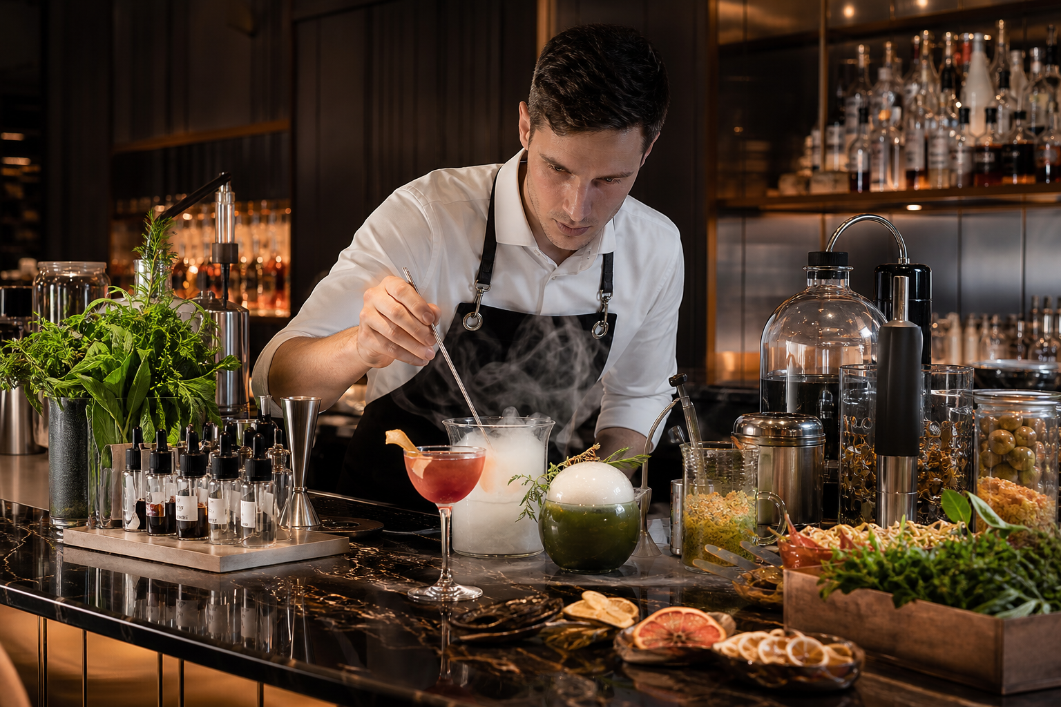Bartender stirring a smoking cocktail behind a bar with herbs, bottles, and garnishes